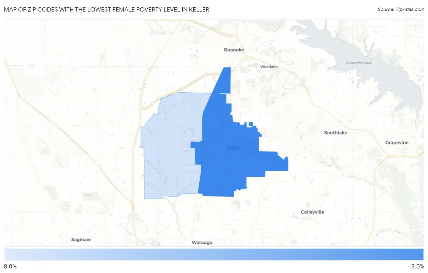 Zip Codes with the Lowest Female Poverty Level in Keller Map
