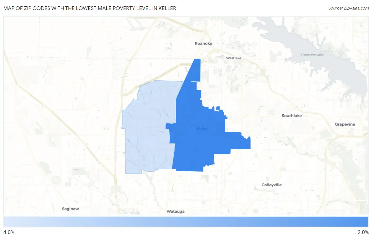 Zip Codes with the Lowest Male Poverty Level in Keller Map