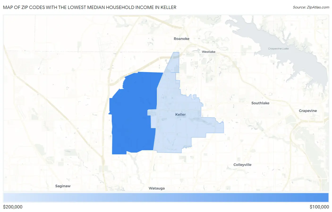 Zip Codes with the Lowest Median Household Income in Keller Map