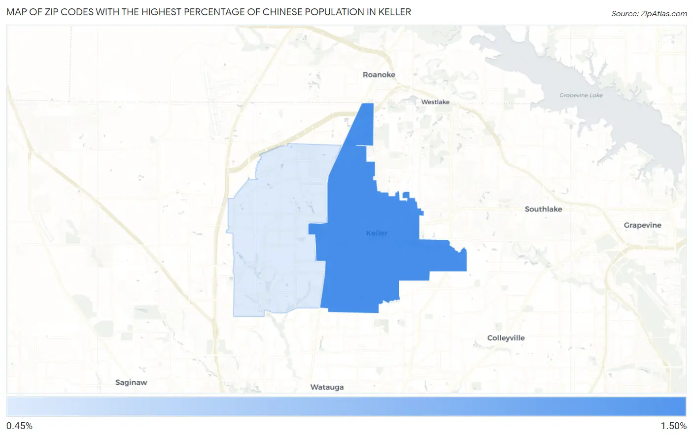 Zip Codes with the Highest Percentage of Chinese Population in Keller Map