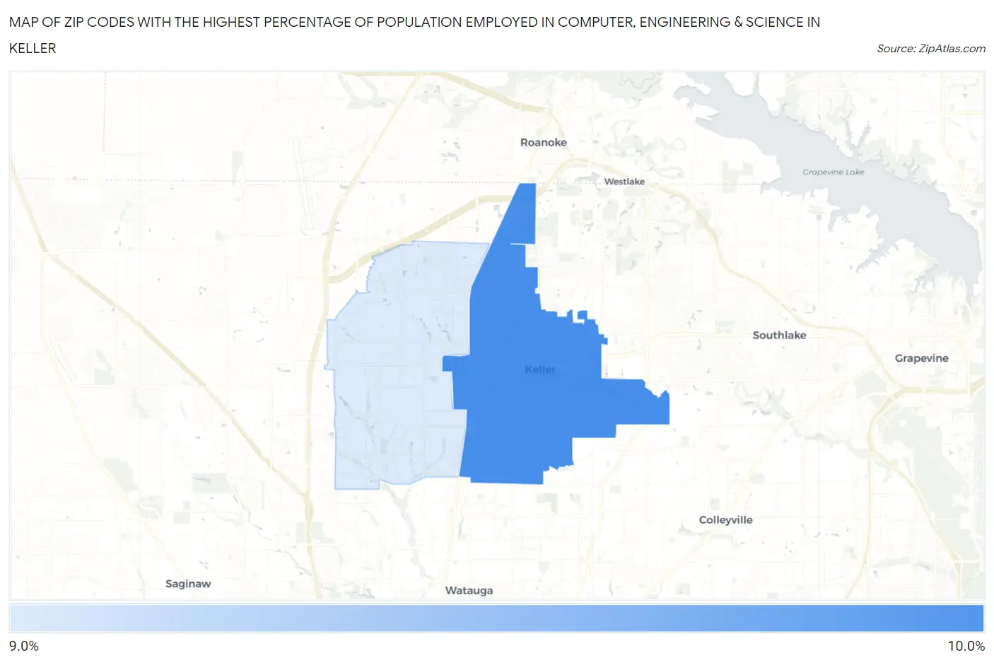 Zip Codes with the Highest Percentage of Population Employed in Computer, Engineering & Science in Keller Map