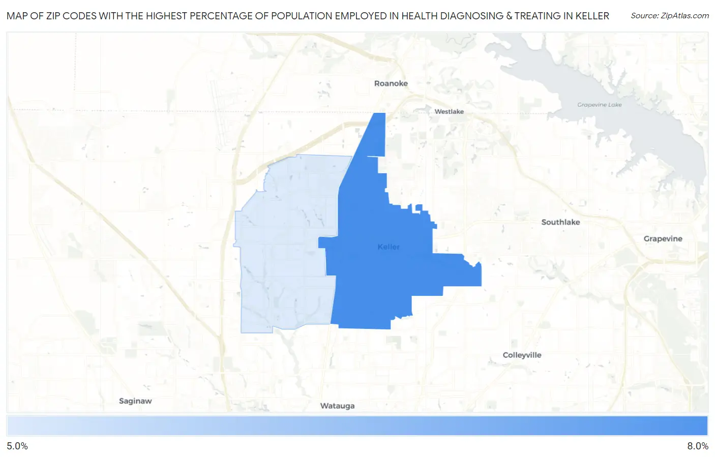 Zip Codes with the Highest Percentage of Population Employed in Health Diagnosing & Treating in Keller Map