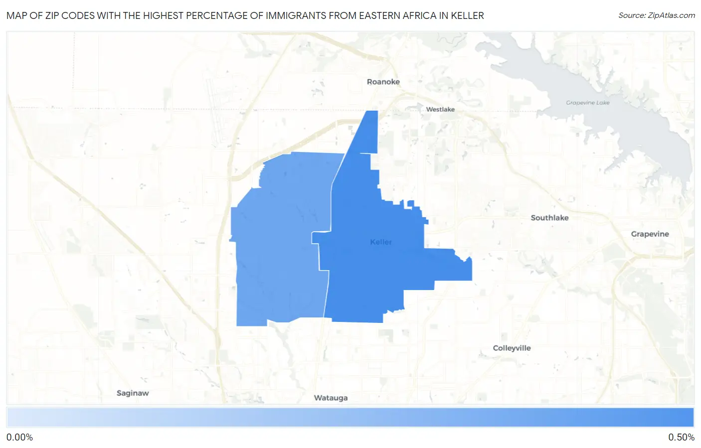 Zip Codes with the Highest Percentage of Immigrants from Eastern Africa in Keller Map