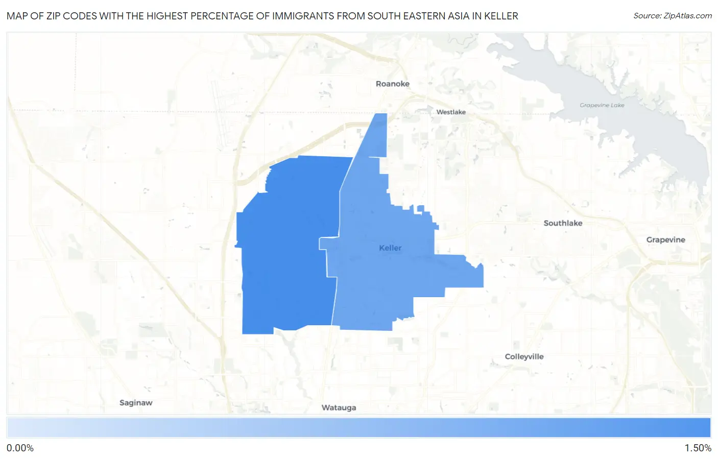 Zip Codes with the Highest Percentage of Immigrants from South Eastern Asia in Keller Map
