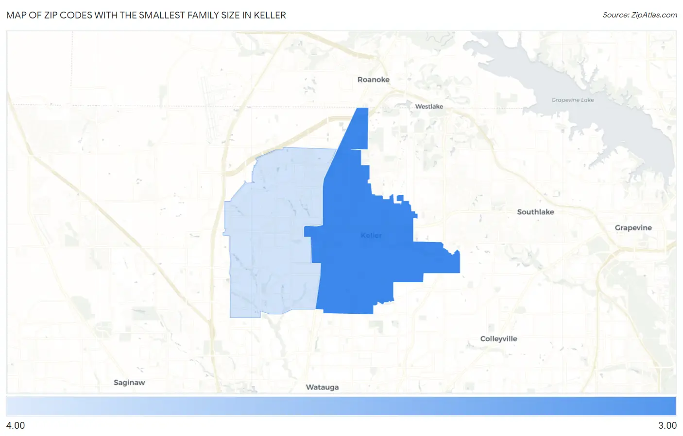 Zip Codes with the Smallest Family Size in Keller Map