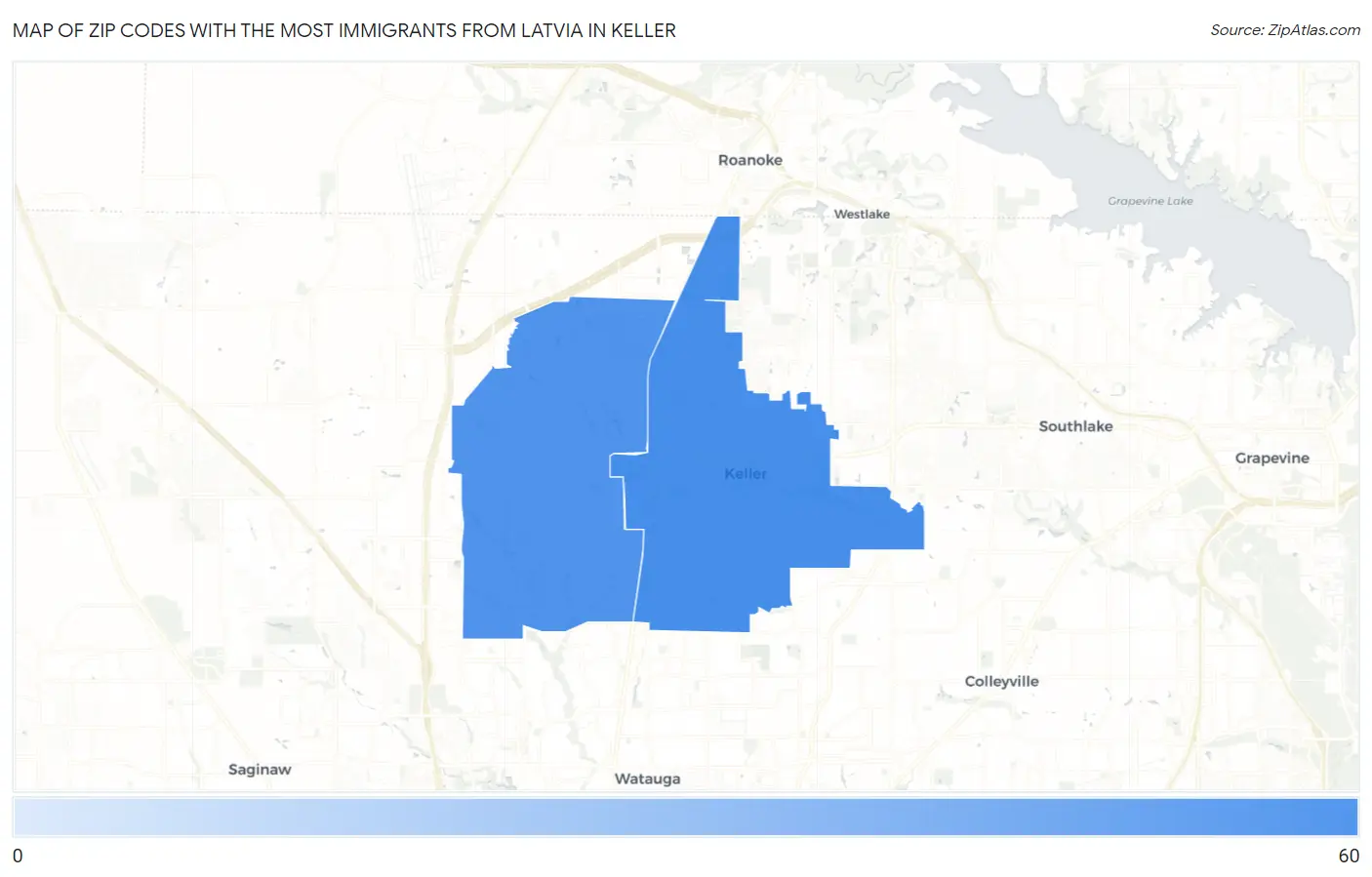 Zip Codes with the Most Immigrants from Latvia in Keller Map