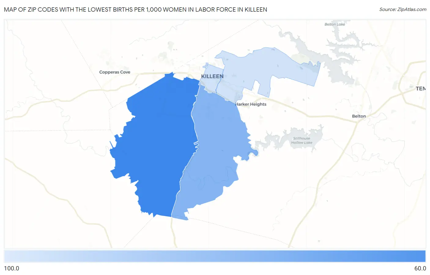 Zip Codes with the Lowest Births per 1,000 Women in Labor Force in Killeen Map