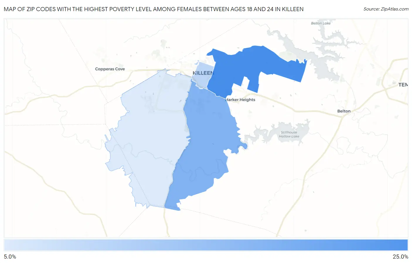 Zip Codes with the Highest Poverty Level Among Females Between Ages 18 and 24 in Killeen Map