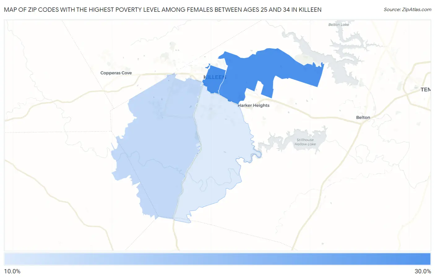 Zip Codes with the Highest Poverty Level Among Females Between Ages 25 and 34 in Killeen Map