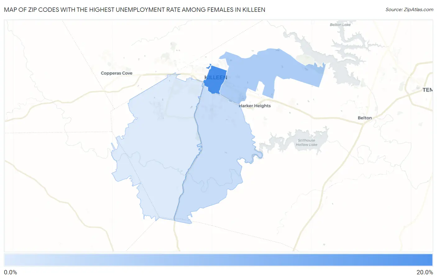 Zip Codes with the Highest Unemployment Rate Among Females in Killeen Map