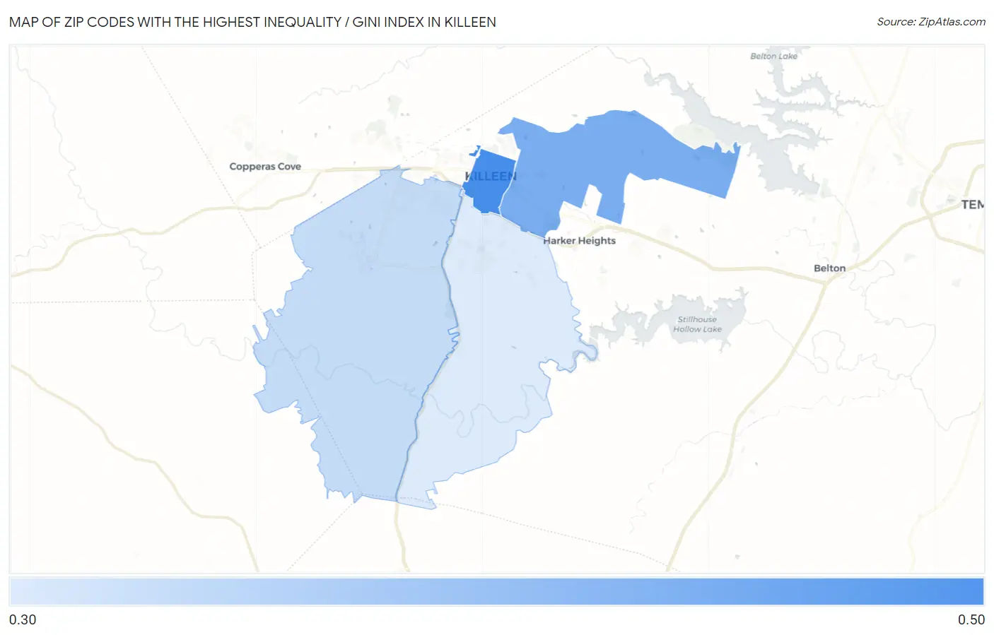 Zip Codes with the Highest Inequality / Gini Index in Killeen Map