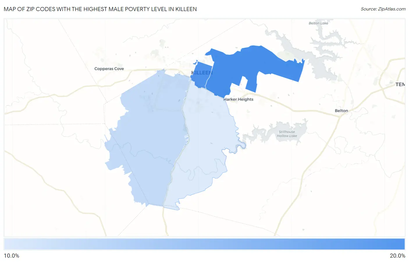 Zip Codes with the Highest Male Poverty Level in Killeen Map