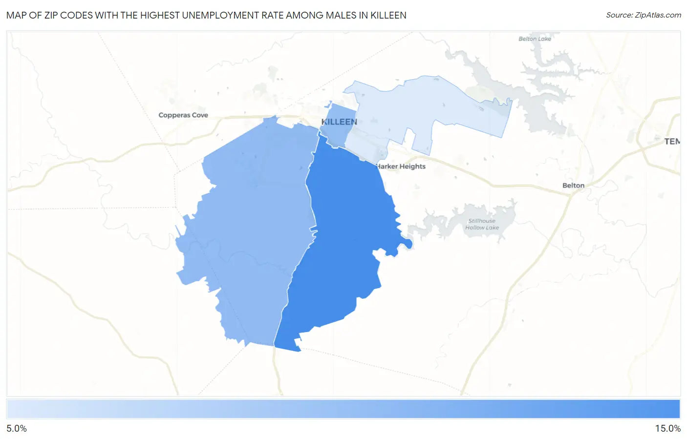 Zip Codes with the Highest Unemployment Rate Among Males in Killeen Map