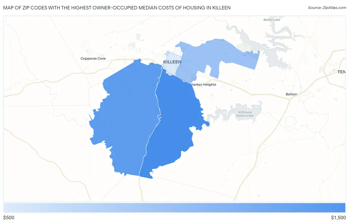Zip Codes with the Highest Owner-Occupied Median Costs of Housing in Killeen Map