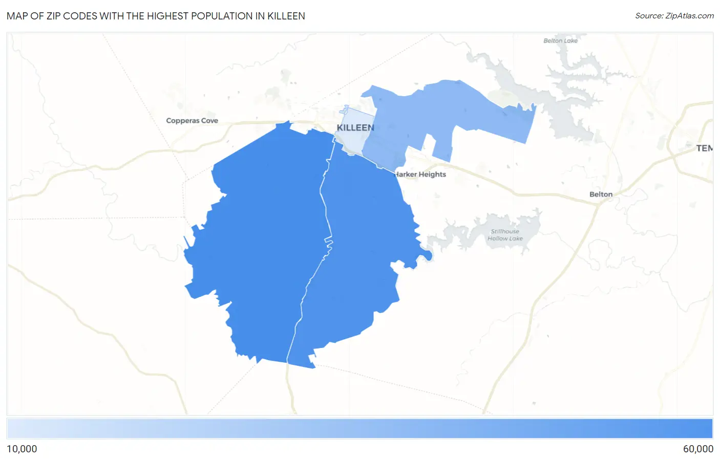 Zip Codes with the Highest Population in Killeen Map