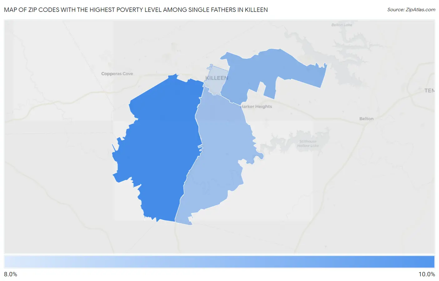 Zip Codes with the Highest Poverty Level Among Single Fathers in Killeen Map