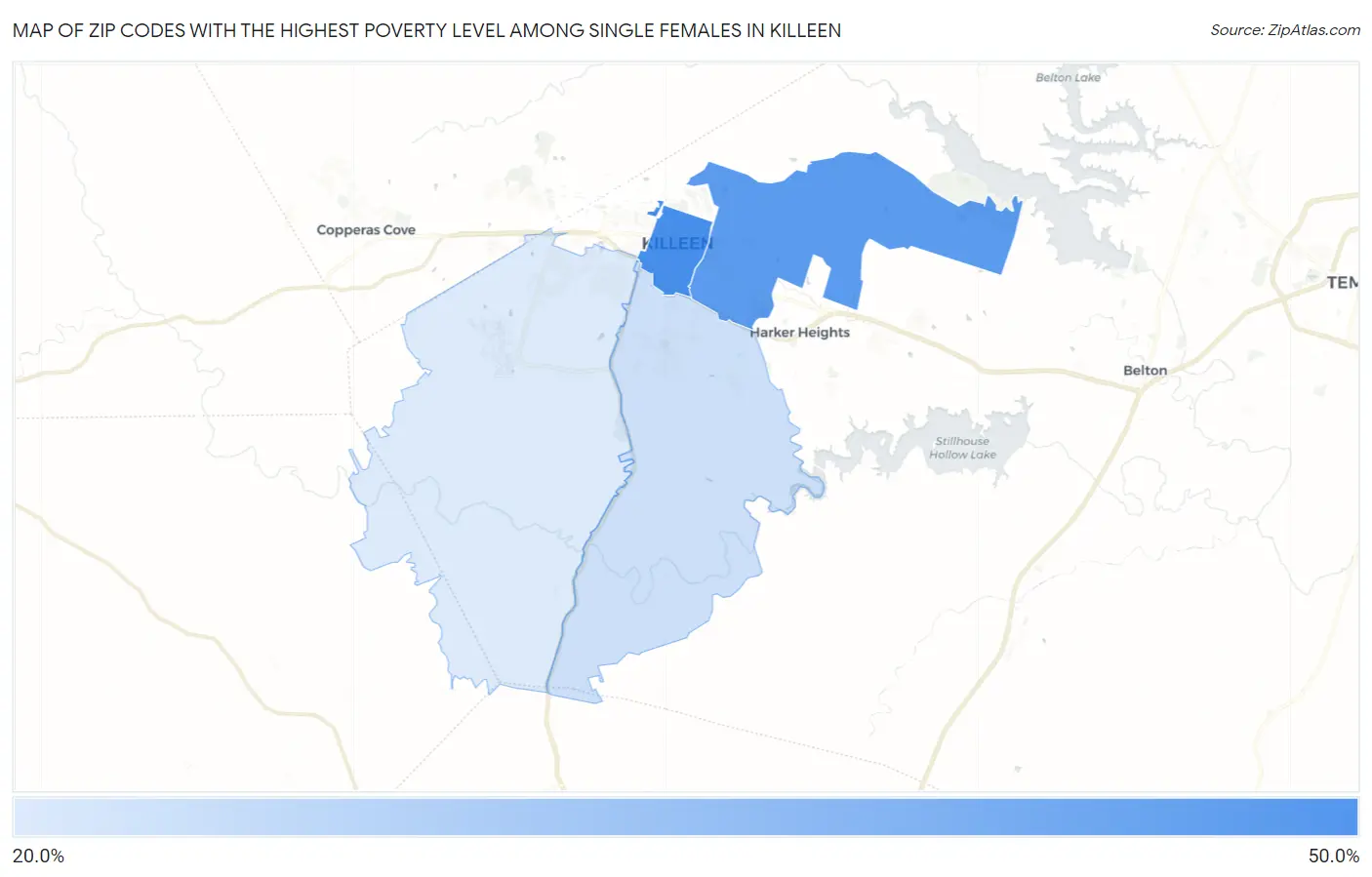 Zip Codes with the Highest Poverty Level Among Single Females in Killeen Map