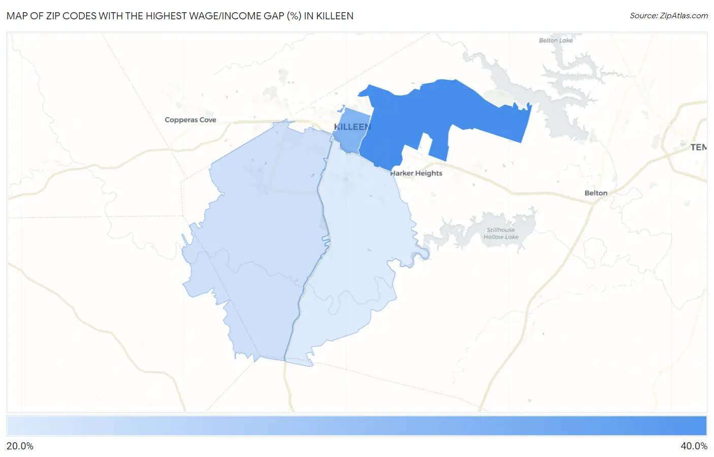 Zip Codes with the Highest Wage/Income Gap (%) in Killeen Map