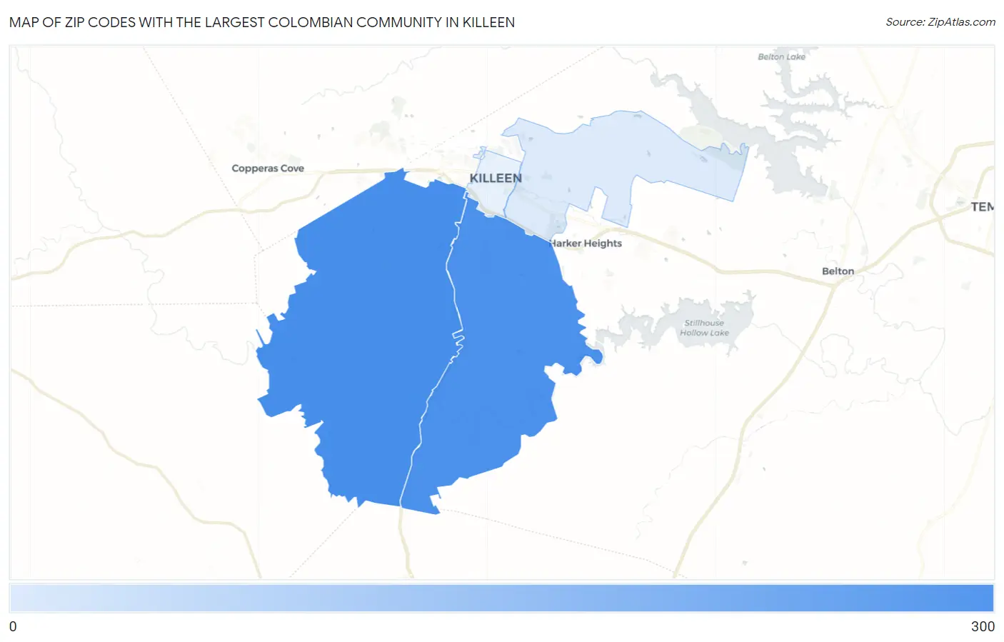 Zip Codes with the Largest Colombian Community in Killeen Map
