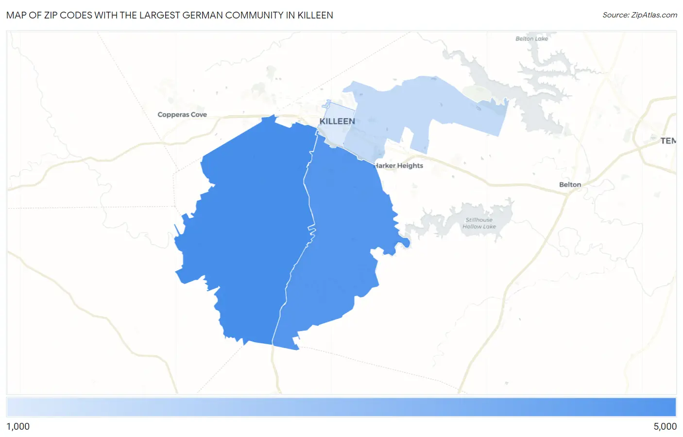 Zip Codes with the Largest German Community in Killeen Map