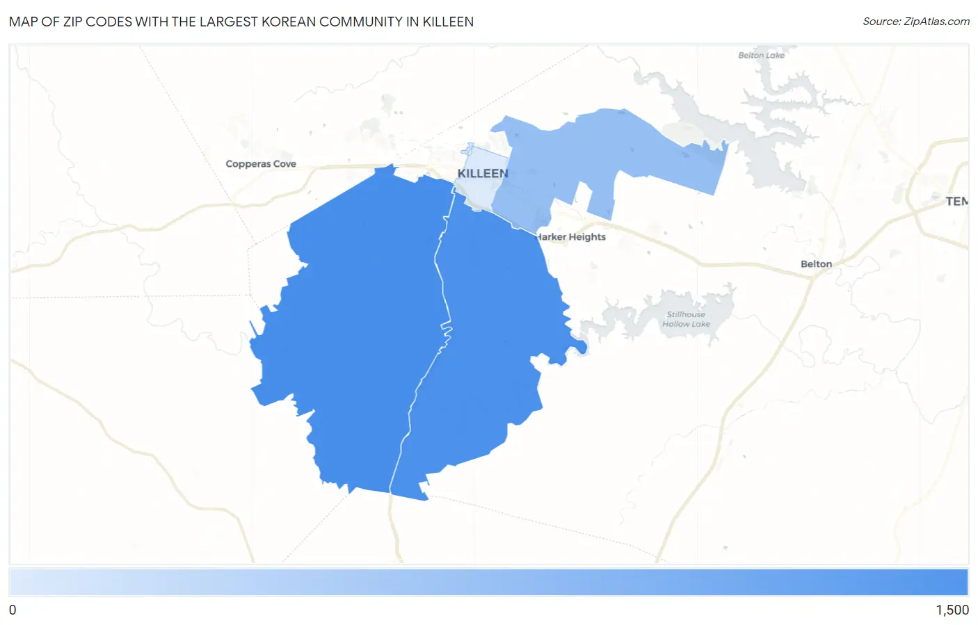 Zip Codes with the Largest Korean Community in Killeen Map