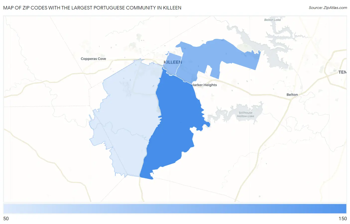 Zip Codes with the Largest Portuguese Community in Killeen Map
