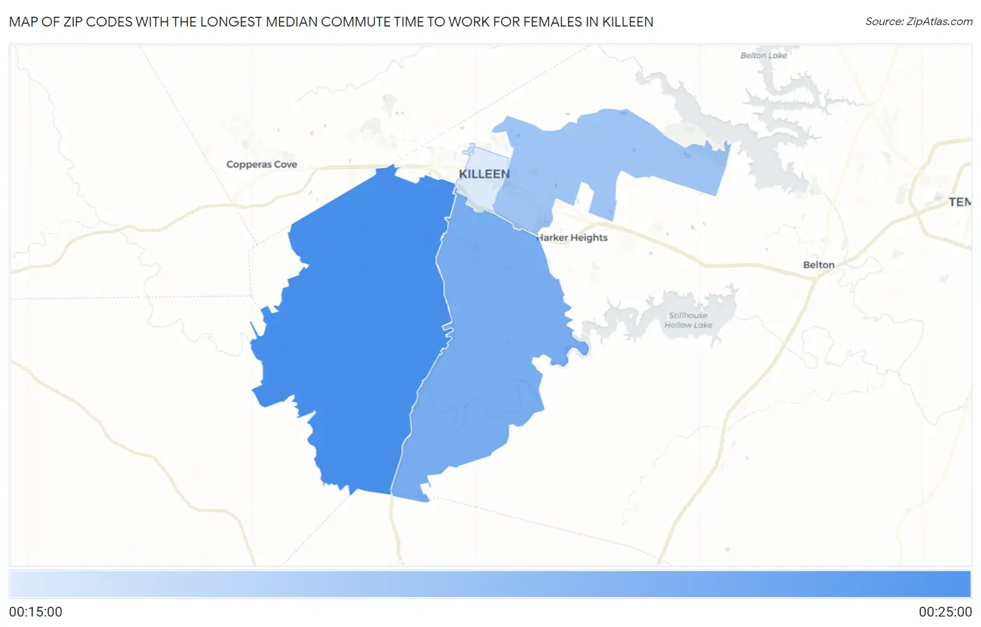 Zip Codes with the Longest Median Commute Time to Work for Females in Killeen Map