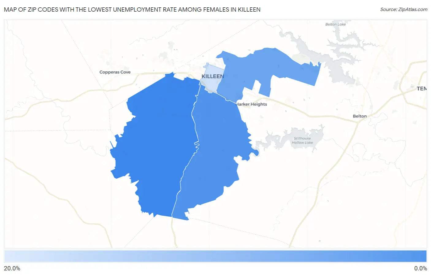 Zip Codes with the Lowest Unemployment Rate Among Females in Killeen Map