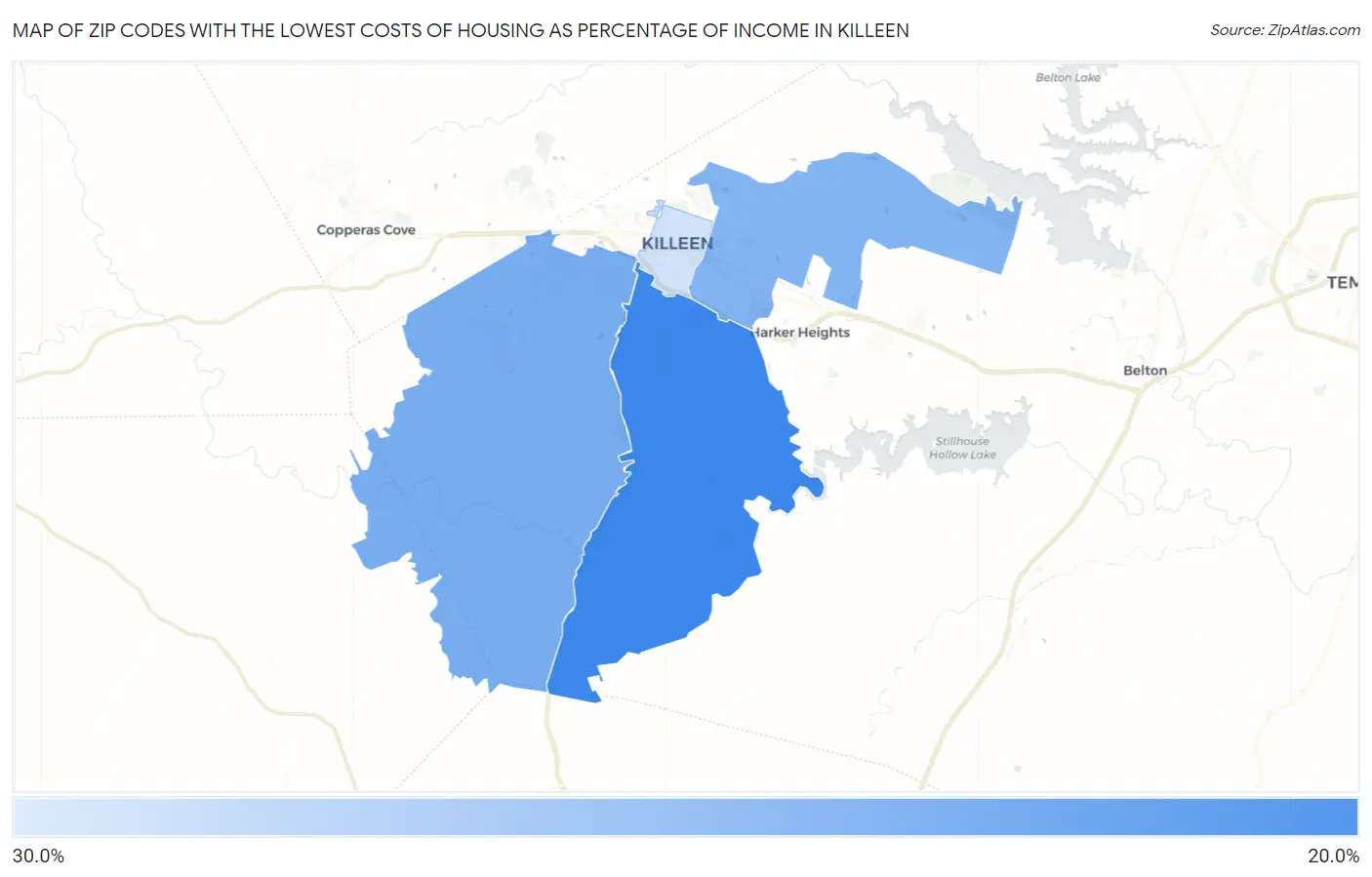 Zip Codes with the Lowest Costs of Housing as Percentage of Income in Killeen Map