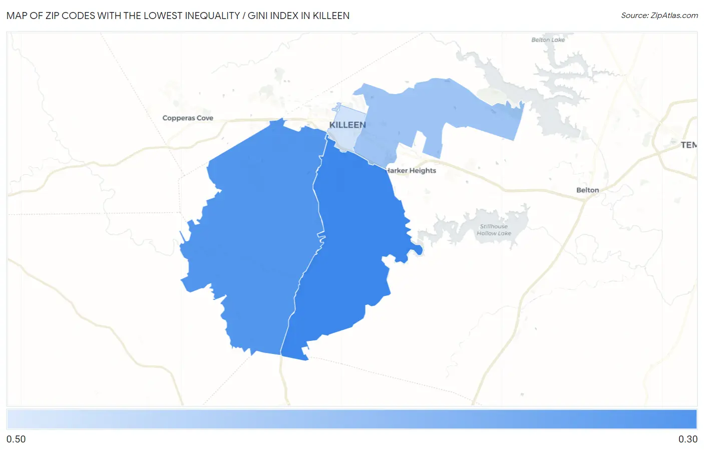 Zip Codes with the Lowest Inequality / Gini Index in Killeen Map