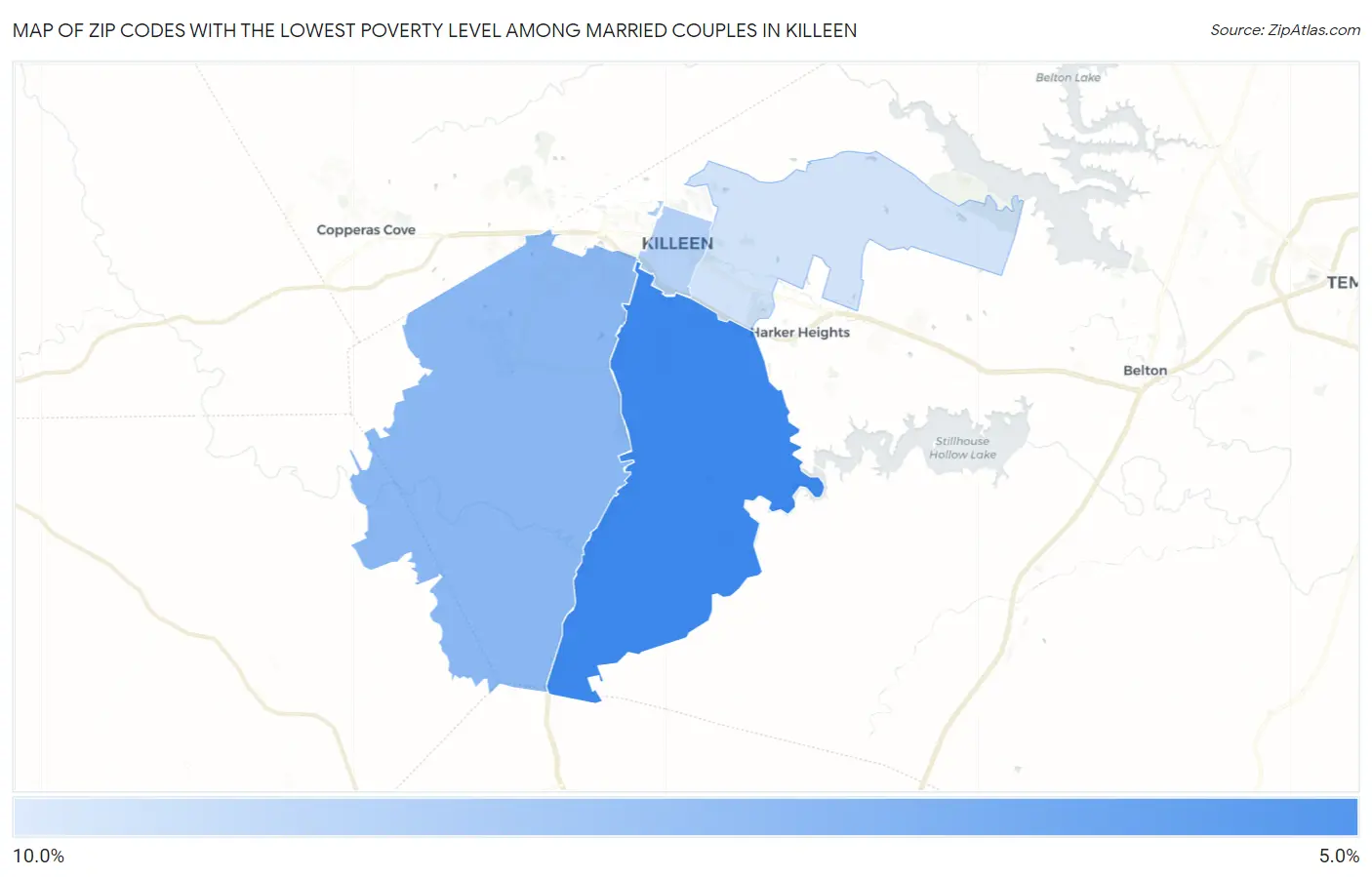 Zip Codes with the Lowest Poverty Level Among Married Couples in Killeen Map
