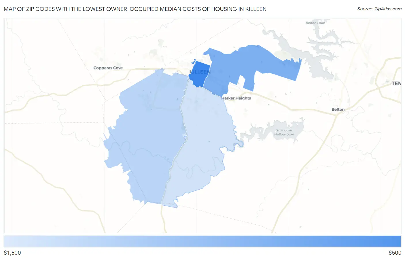 Zip Codes with the Lowest Owner-Occupied Median Costs of Housing in Killeen Map