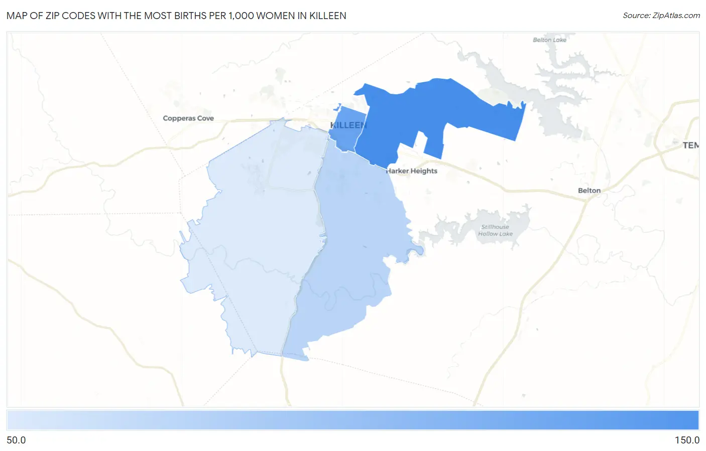 Zip Codes with the Most Births per 1,000 Women in Killeen Map
