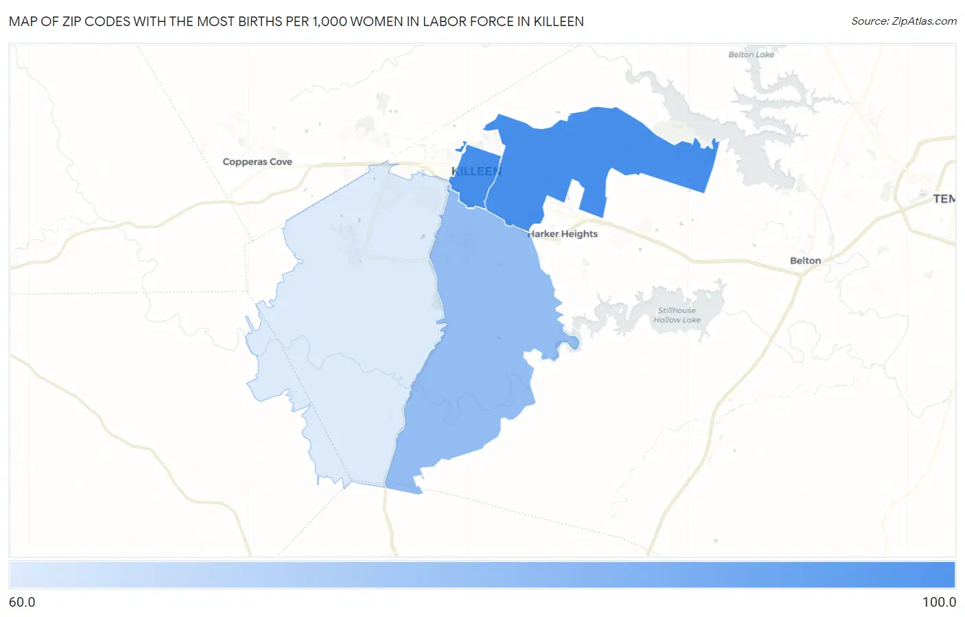 Zip Codes with the Most Births per 1,000 Women in Labor Force in Killeen Map