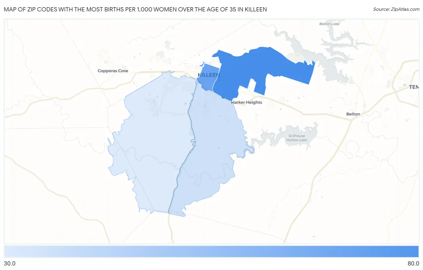 Zip Codes with the Most Births per 1,000 Women Over the Age of 35 in Killeen Map