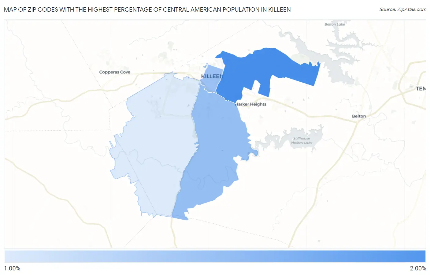 Zip Codes with the Highest Percentage of Central American Population in Killeen Map