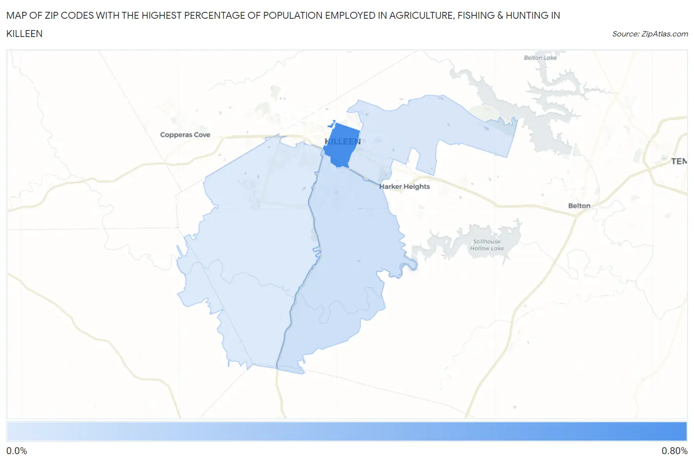 Zip Codes with the Highest Percentage of Population Employed in Agriculture, Fishing & Hunting in Killeen Map