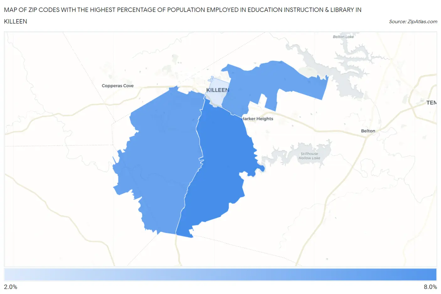 Zip Codes with the Highest Percentage of Population Employed in Education Instruction & Library in Killeen Map