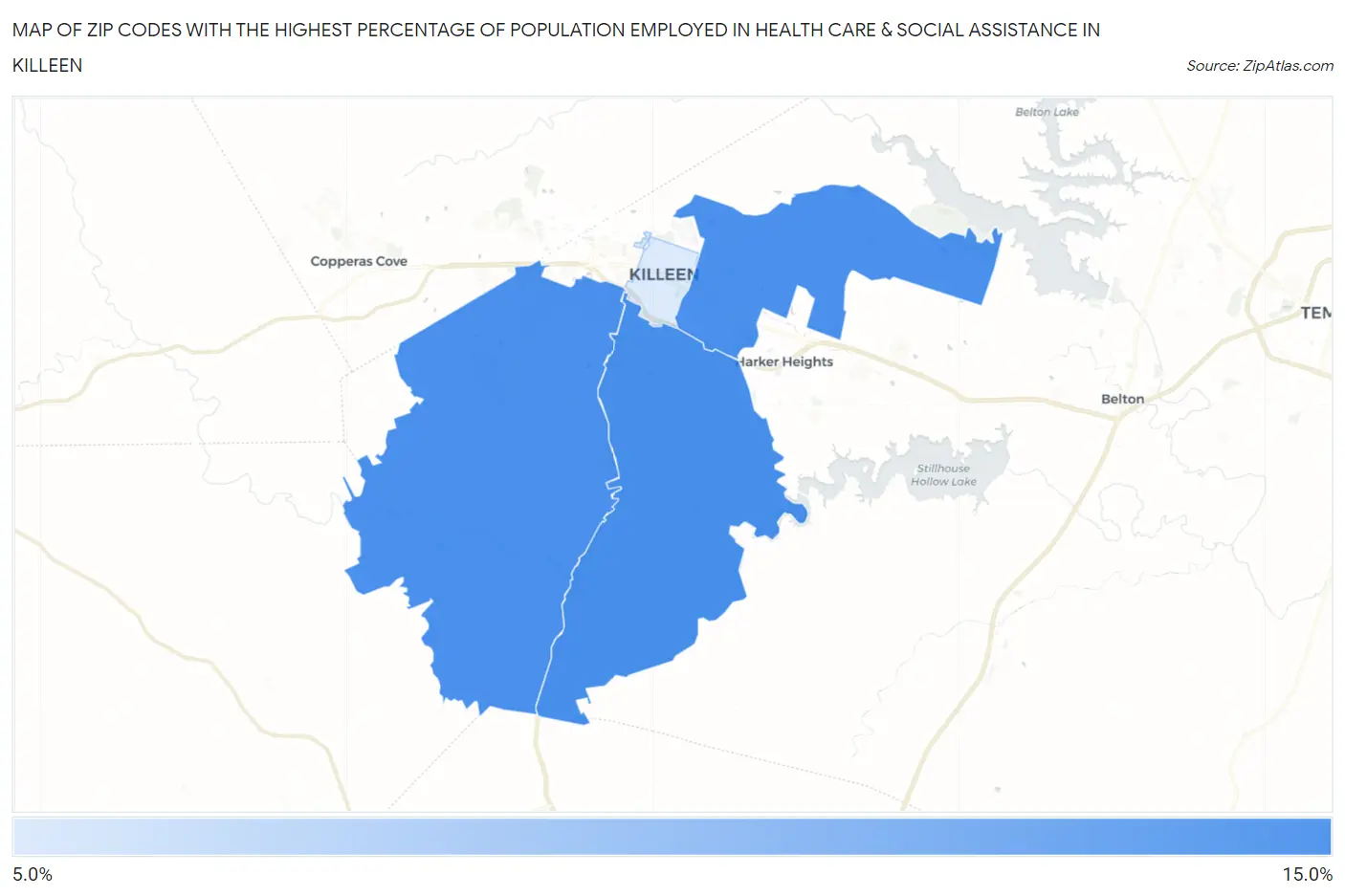 Zip Codes with the Highest Percentage of Population Employed in Health Care & Social Assistance in Killeen Map