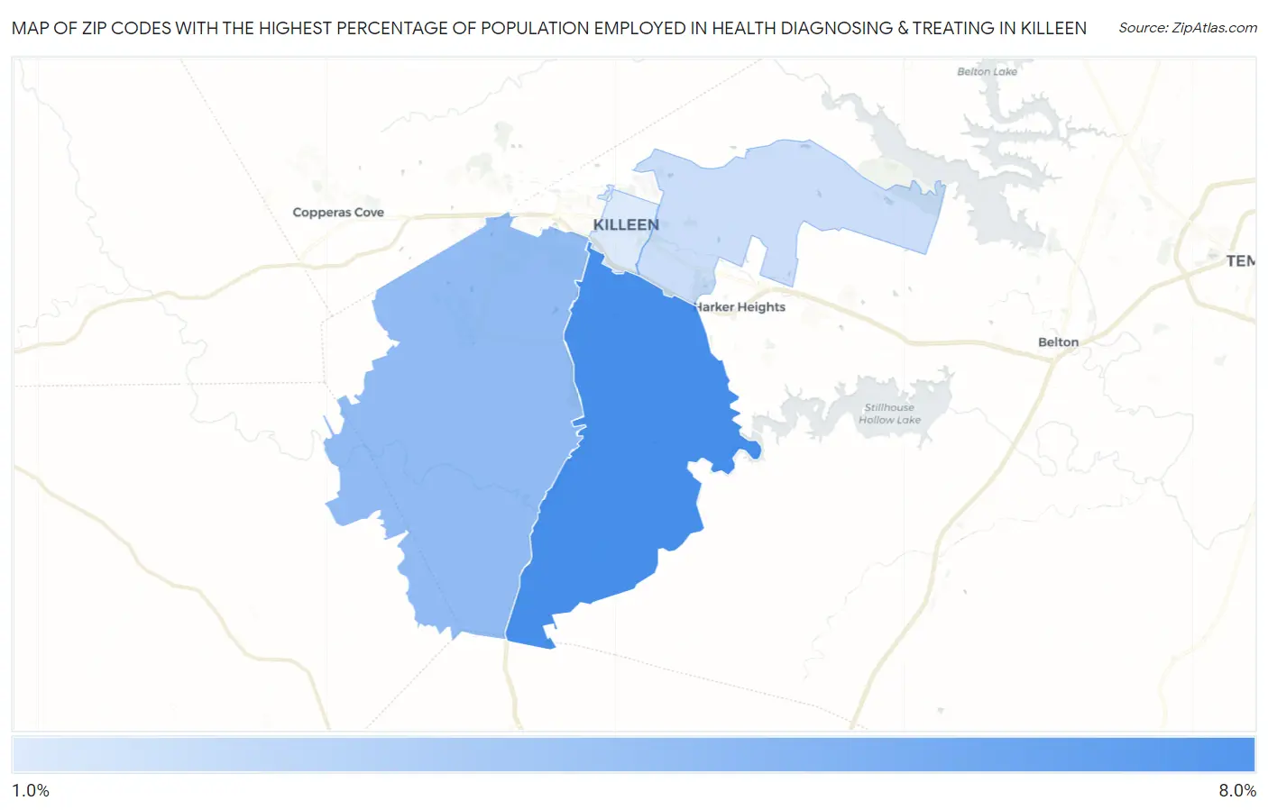 Zip Codes with the Highest Percentage of Population Employed in Health Diagnosing & Treating in Killeen Map