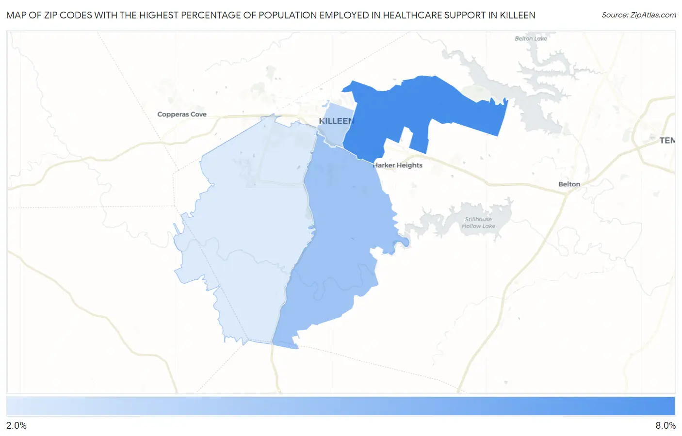 Zip Codes with the Highest Percentage of Population Employed in Healthcare Support in Killeen Map