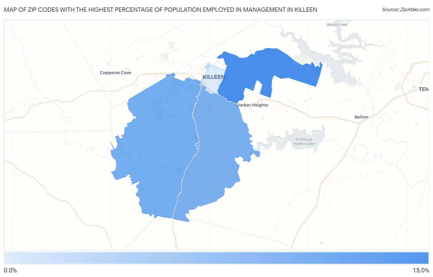 Zip Codes with the Highest Percentage of Population Employed in Management in Killeen Map