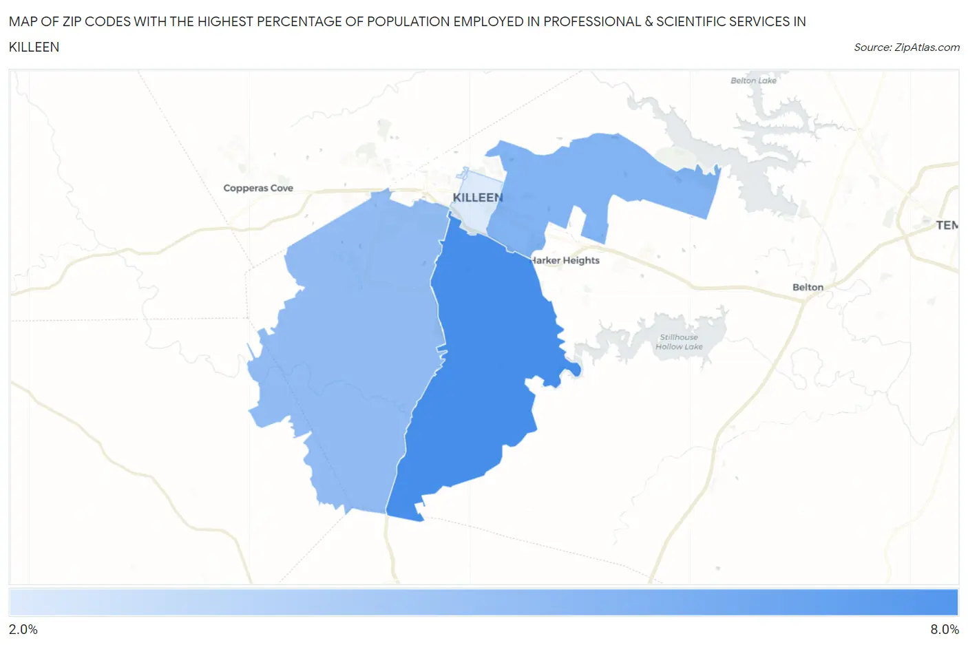 Zip Codes with the Highest Percentage of Population Employed in Professional & Scientific Services in Killeen Map