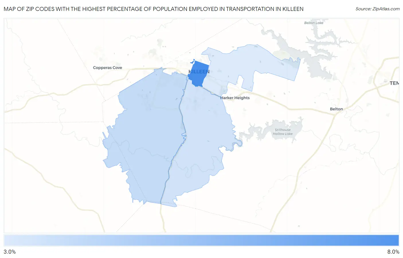 Zip Codes with the Highest Percentage of Population Employed in Transportation in Killeen Map