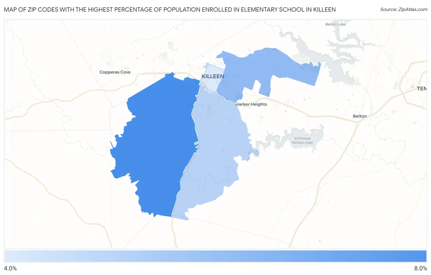 Zip Codes with the Highest Percentage of Population Enrolled in Elementary School in Killeen Map