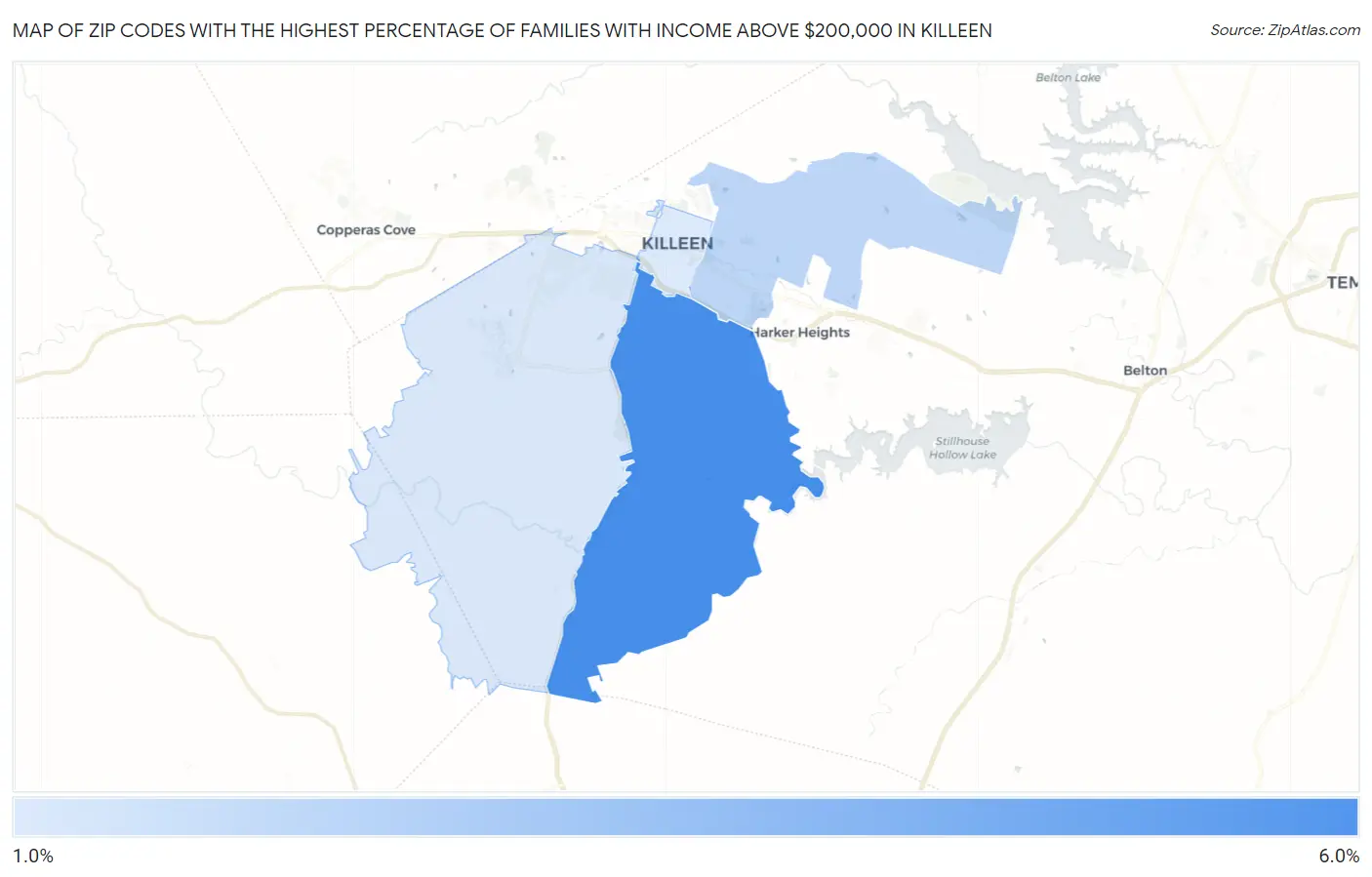 Zip Codes with the Highest Percentage of Families with Income Above $200,000 in Killeen Map