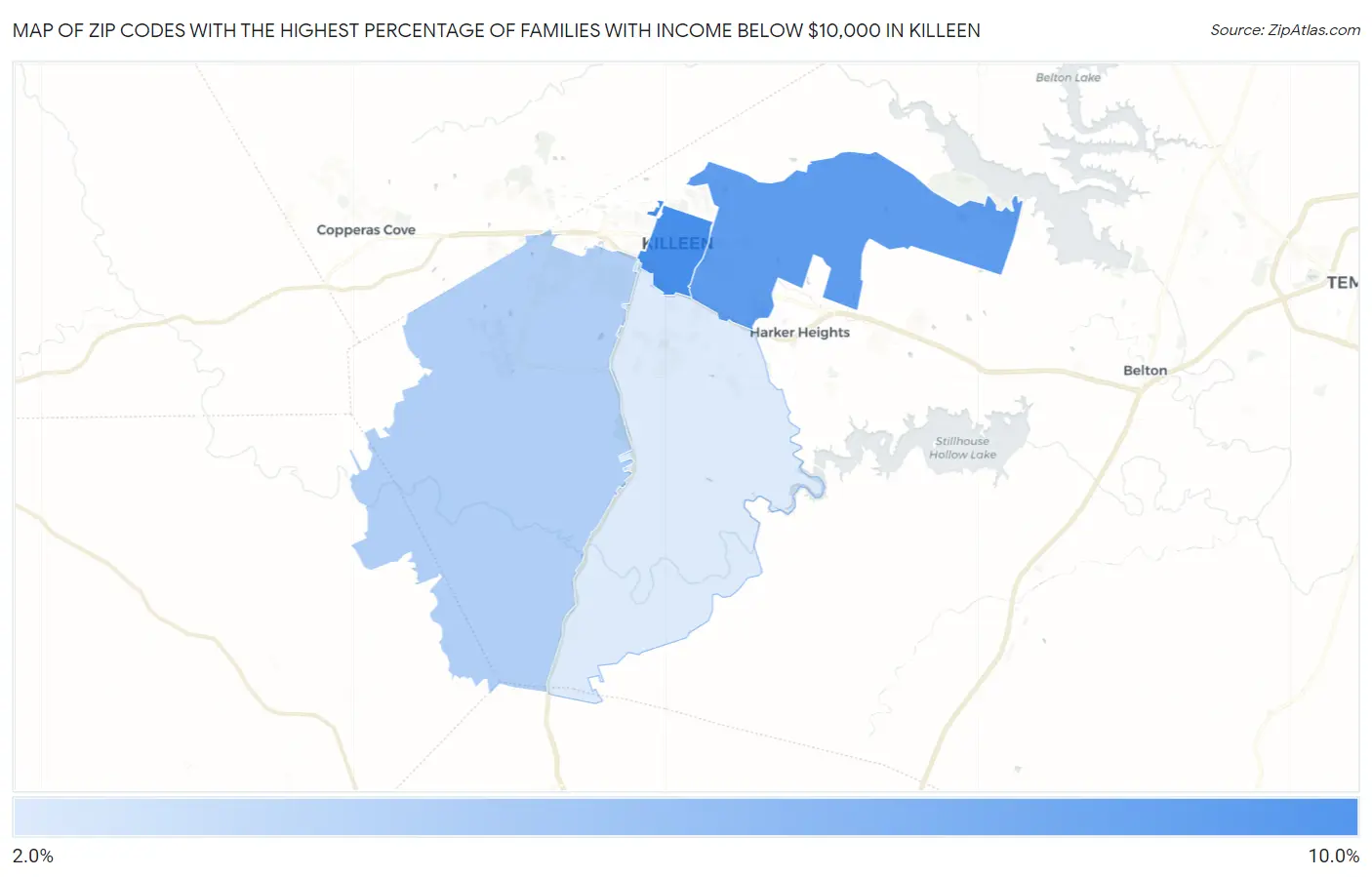 Zip Codes with the Highest Percentage of Families with Income Below $10,000 in Killeen Map