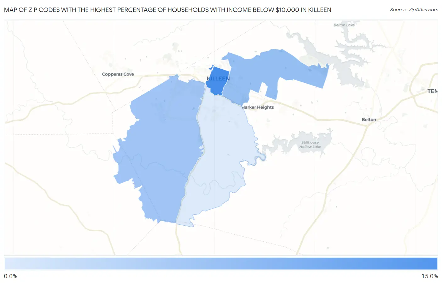 Zip Codes with the Highest Percentage of Households with Income Below $10,000 in Killeen Map