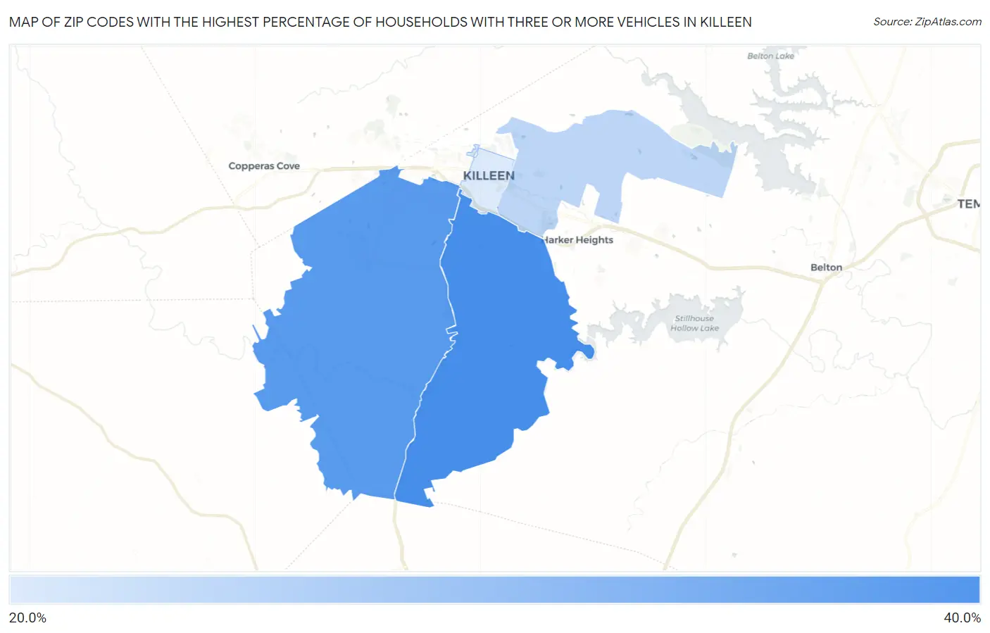 Zip Codes with the Highest Percentage of Households With Three or more Vehicles in Killeen Map