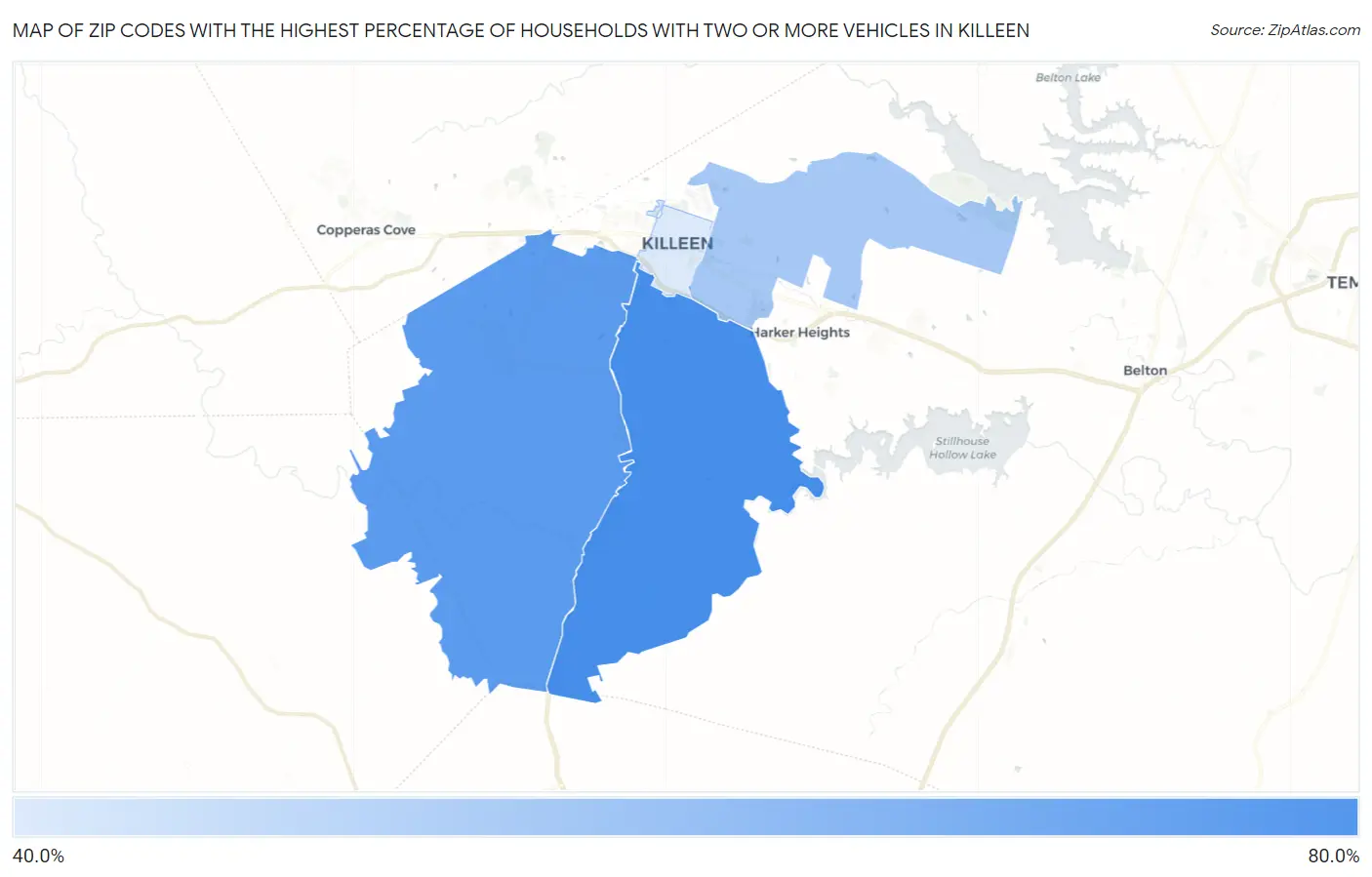 Zip Codes with the Highest Percentage of Households With Two or more Vehicles in Killeen Map